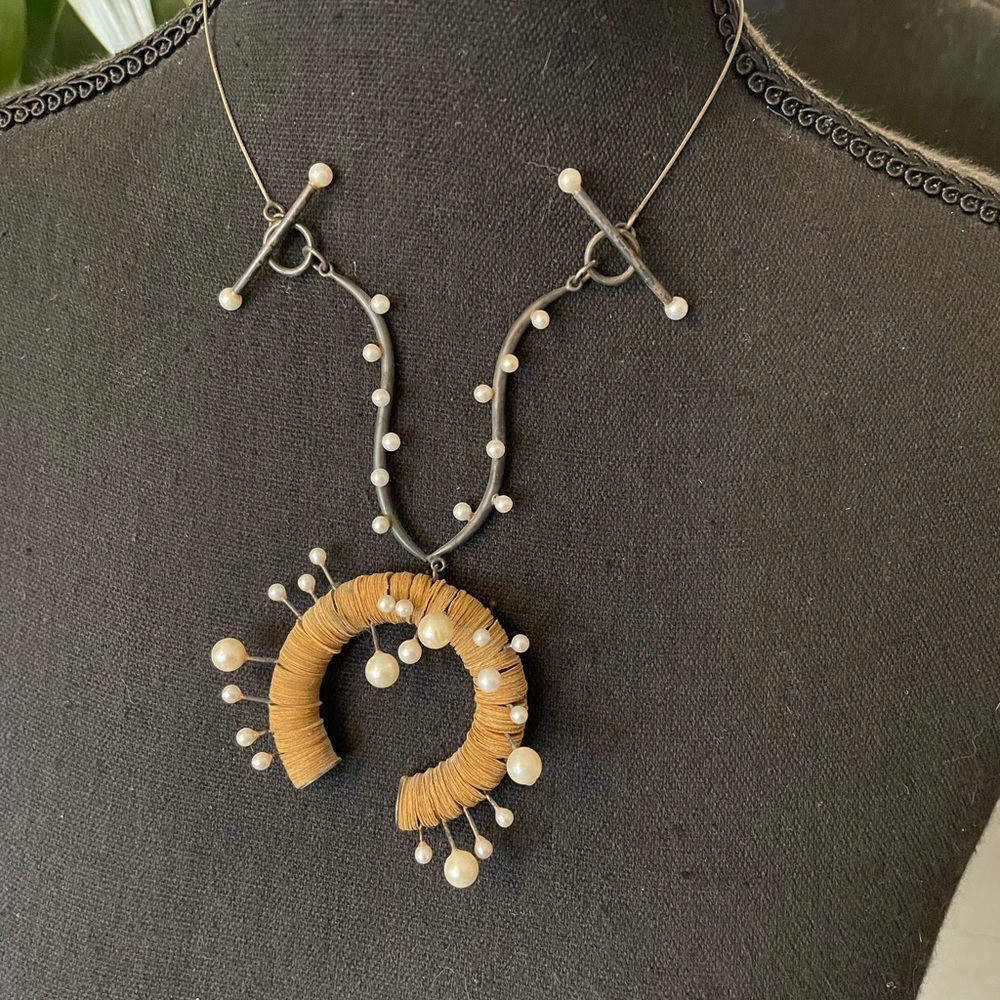 Vintage Kiwon Wang Silver Pearl and Paper necklace NYC